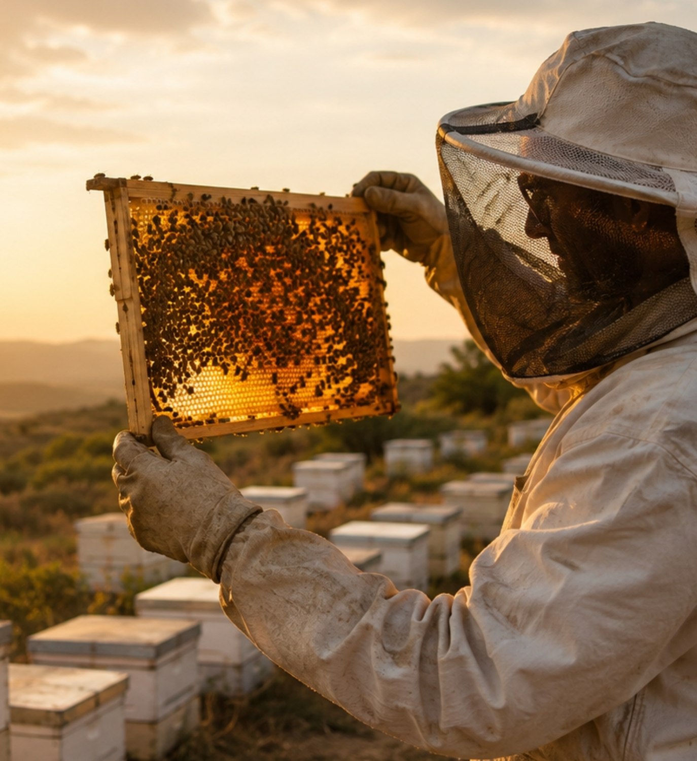 Beekeeper inspecting a honeycomb frame at golden hour